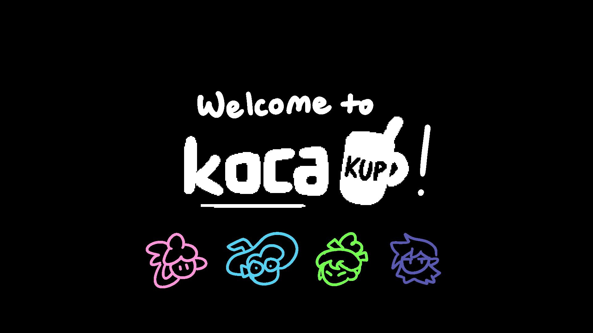 Pic that reads: Welcome to Kocakup! Below it are four of my characters: Pastelle, Cobalt, Kiku, and Sarolyn.